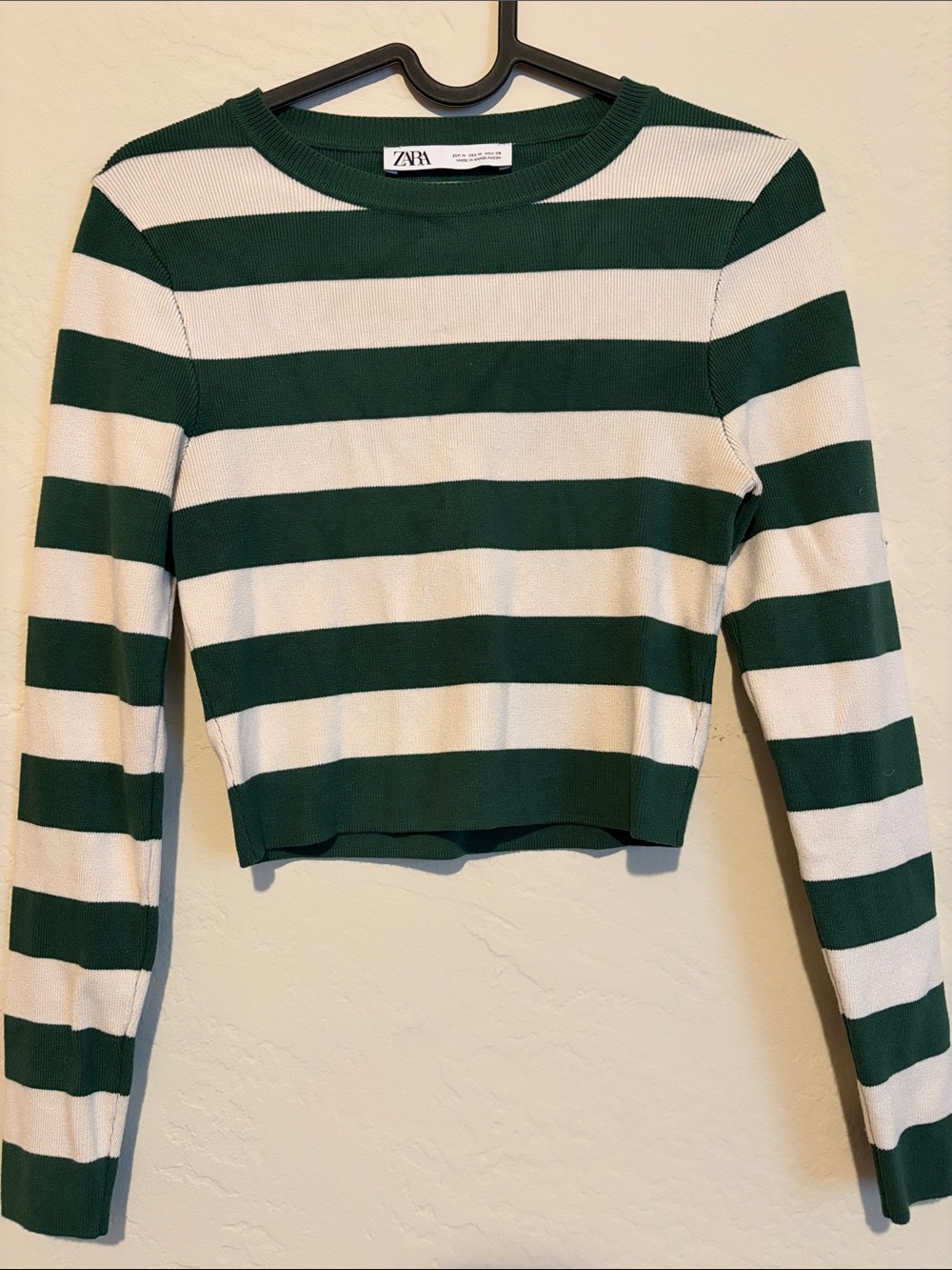 ZARA Dark Green and White Striped Cropped Top